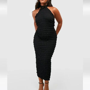 Plus Size Bubble Texture Midi Dress with Halter Neck